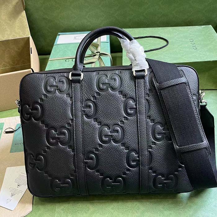 Gucci Unisex Jumbo GG Briefcase Black Leather Cotton Linen Lining Medium Size (9)