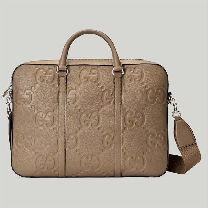 Gucci Unisex Jumbo GG Briefcase Taupe Leather Cotton Linen Lining (5)