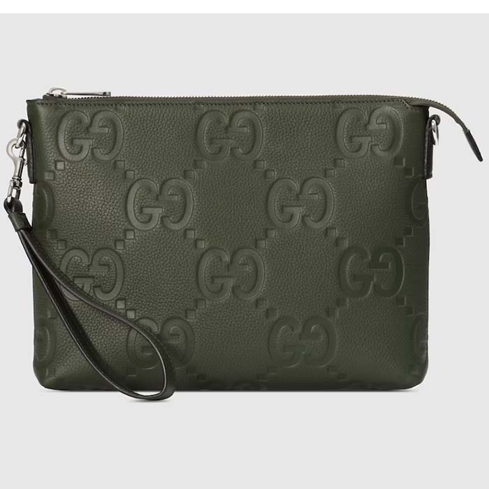 Gucci Unisex Jumbo GG Medium Messenger Bag Dark Green Leather Zip Closure