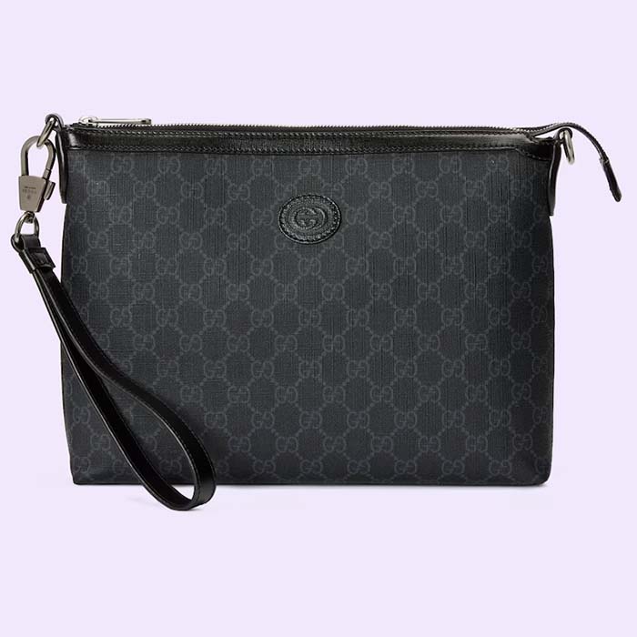 Gucci Unisex Messenger Bag Interlocking G Black GG Supreme Canvas Leather Zip Closure