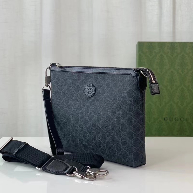Gucci Unisex Messenger Bag Interlocking G Black GG Supreme Canvas Leather Zip Closure (7)