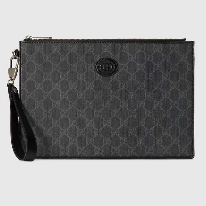 Gucci Unisex Pouch Interlocking G Black GG Supreme Canvas Leather Zip Closure