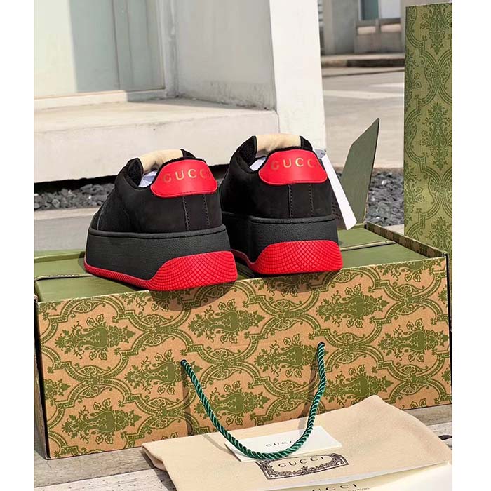 Gucci Unisex Screener GG Sneaker Black Original Canvas Suede Red Leather Low Heel (1)