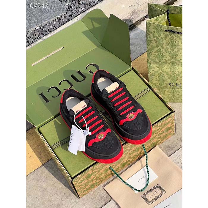 Gucci Unisex Screener GG Sneaker Black Original Canvas Suede Red Leather Low Heel (2)