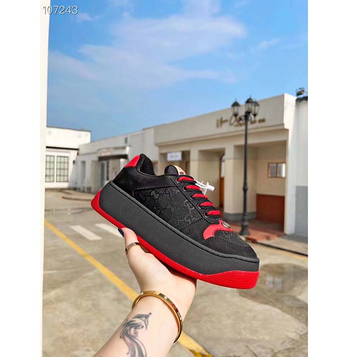 Gucci Unisex Screener GG Sneaker Black Original Canvas Suede Red Leather Low Heel (3)