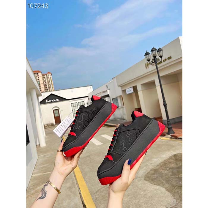 Gucci Unisex Screener GG Sneaker Black Original Canvas Suede Red Leather Low Heel (6)