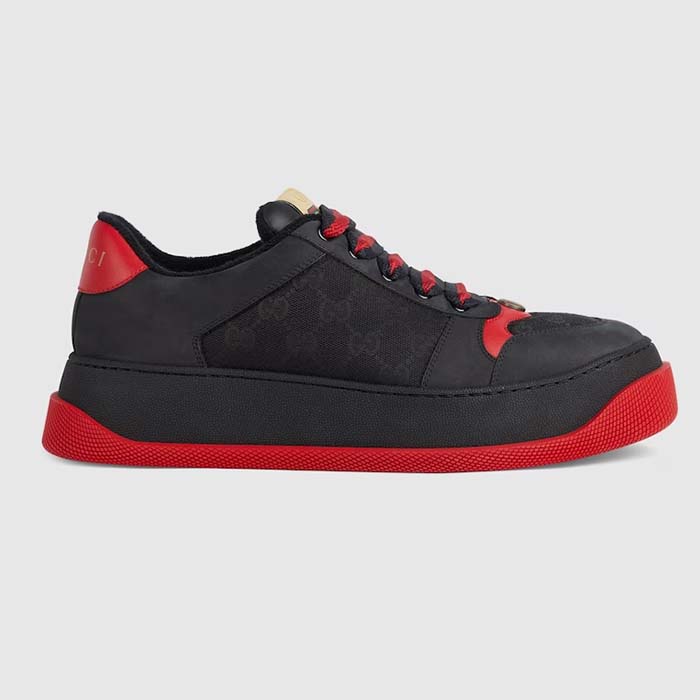 Gucci Unisex Screener GG Sneaker Black Original Canvas Suede Red Leather Low Heel