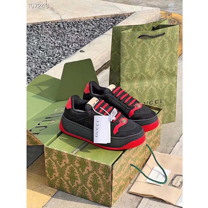 Gucci Unisex Screener GG Sneaker Black Original Canvas Suede Red Leather Low Heel (8)