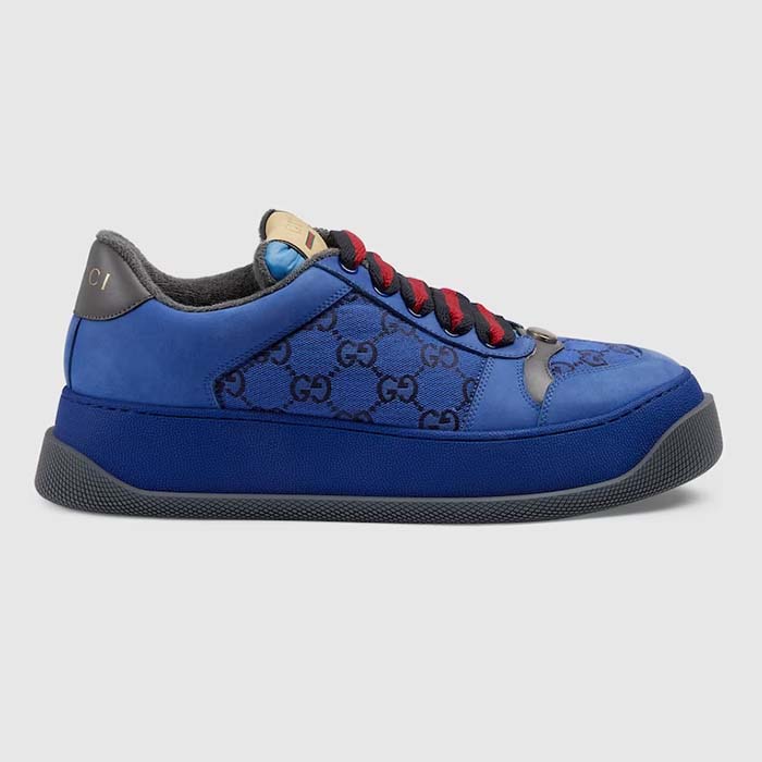 Gucci Unisex Screener GG Sneaker Blue Black Canvas Suede Dark Grey Leather Low Heel (2)