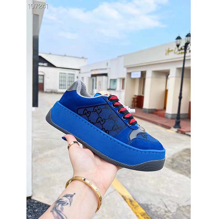 Gucci Unisex Screener GG Sneaker Blue Black Canvas Suede Dark Grey Leather Low Heel