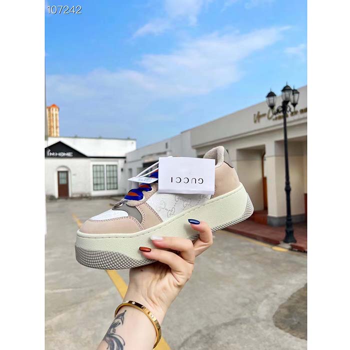 Gucci Unisex Screener GG Sneaker White Original Canvas Beige Suede Leather Low Heel (3)
