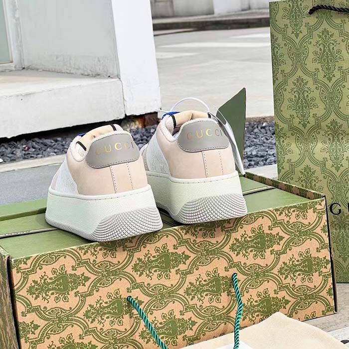 Gucci Unisex Screener GG Sneaker White Original Canvas Beige Suede Leather Low Heel (4)