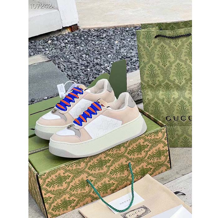 Gucci Unisex Screener GG Sneaker White Original Canvas Beige Suede Leather Low Heel (5)