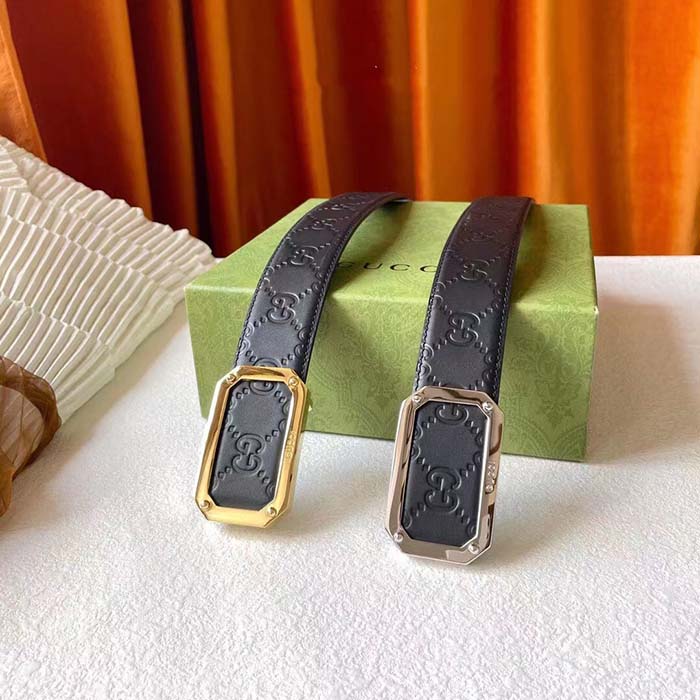 Gucci Unisex Signature Leather Belt Black Leather Rectangular Buckle Trademark 3.8 CM Width (1)