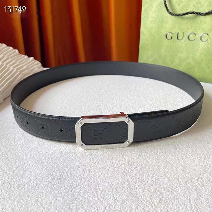 Gucci Unisex Signature Leather Belt Black Leather Rectangular Buckle Trademark 3.8 CM Width (4)