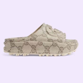 Gucci Unisex Slide Sandal Interlocking G Beige Ebony GG Rubber Low Heel