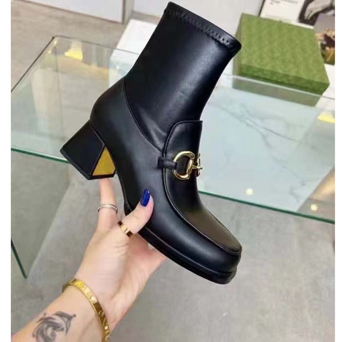 Gucci Women Boot Horsebit Black Smooth Stretch Leather Gold Plated Block Mid Heel (1)