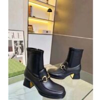 Gucci Women Boot Horsebit Black Smooth Stretch Leather Gold Plated Block Mid Heel (8)