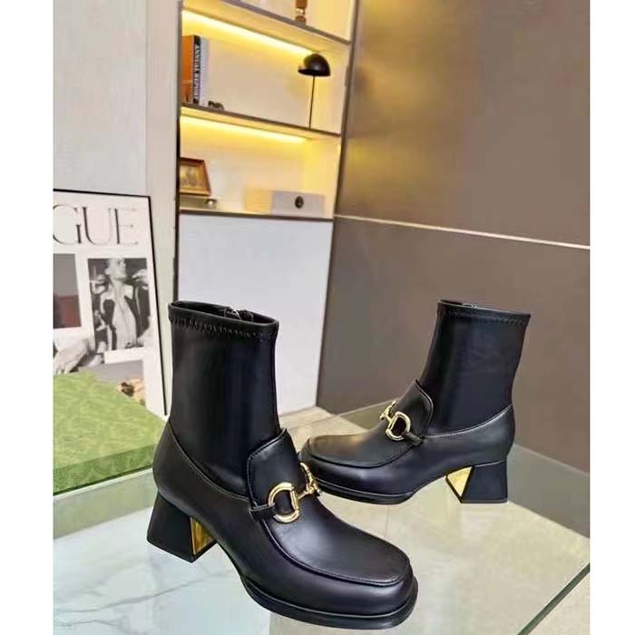Gucci Women Boot Horsebit Black Smooth Stretch Leather Gold Plated Block Mid Heel (5)