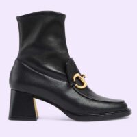 Gucci Women Boot Horsebit Black Smooth Stretch Leather Gold Plated Block Mid Heel (8)