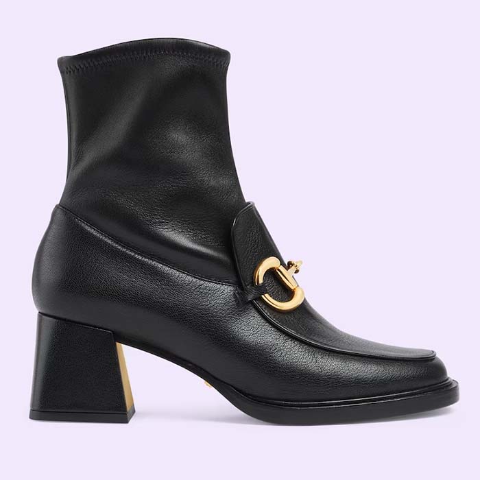 Gucci Women Boot Horsebit Black Smooth Stretch Leather Gold Plated Block Mid Heel