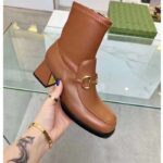 Gucci Women Boot Horsebit Brown Smooth Stretch Leather Gold Plated Block Mid Heel - Bild 4