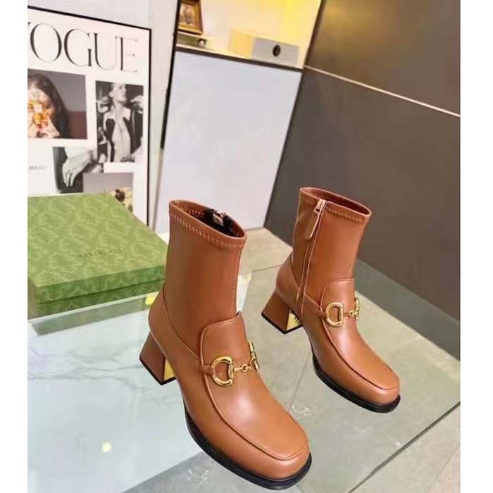 Gucci Women Boot Horsebit Brown Smooth Stretch Leather Gold Plated Block Mid Heel (2)