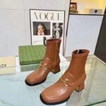 Gucci Women Boot Horsebit Brown Smooth Stretch Leather Gold Plated Block Mid Heel - Bild 3