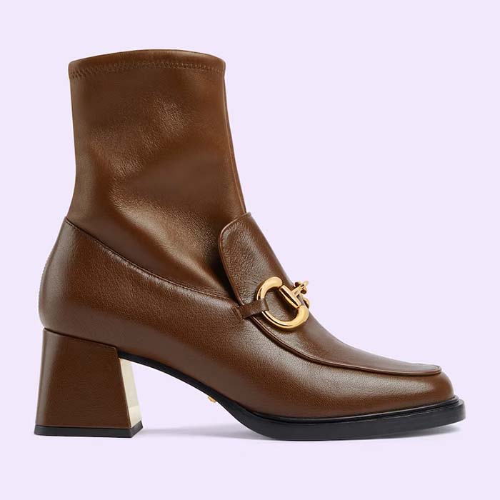 Gucci Women Boot Horsebit Brown Smooth Stretch Leather Gold Plated Block Mid Heel