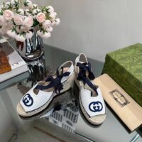 Gucci Women Espadrilles Ribbon Tie White Cotton Canvas Blue Interlocking G Embroidery (2)