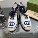 Gucci Women Espadrilles Ribbon Tie White Cotton Canvas Blue Interlocking G Embroidery - Image 2