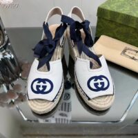 Gucci Women Espadrilles Ribbon Tie White Cotton Canvas Blue Interlocking G Embroidery (2)