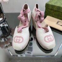 Gucci Women Espadrilles Ribbon Tie White Cotton Canvas Pink Interlocking G Embroidery (8)