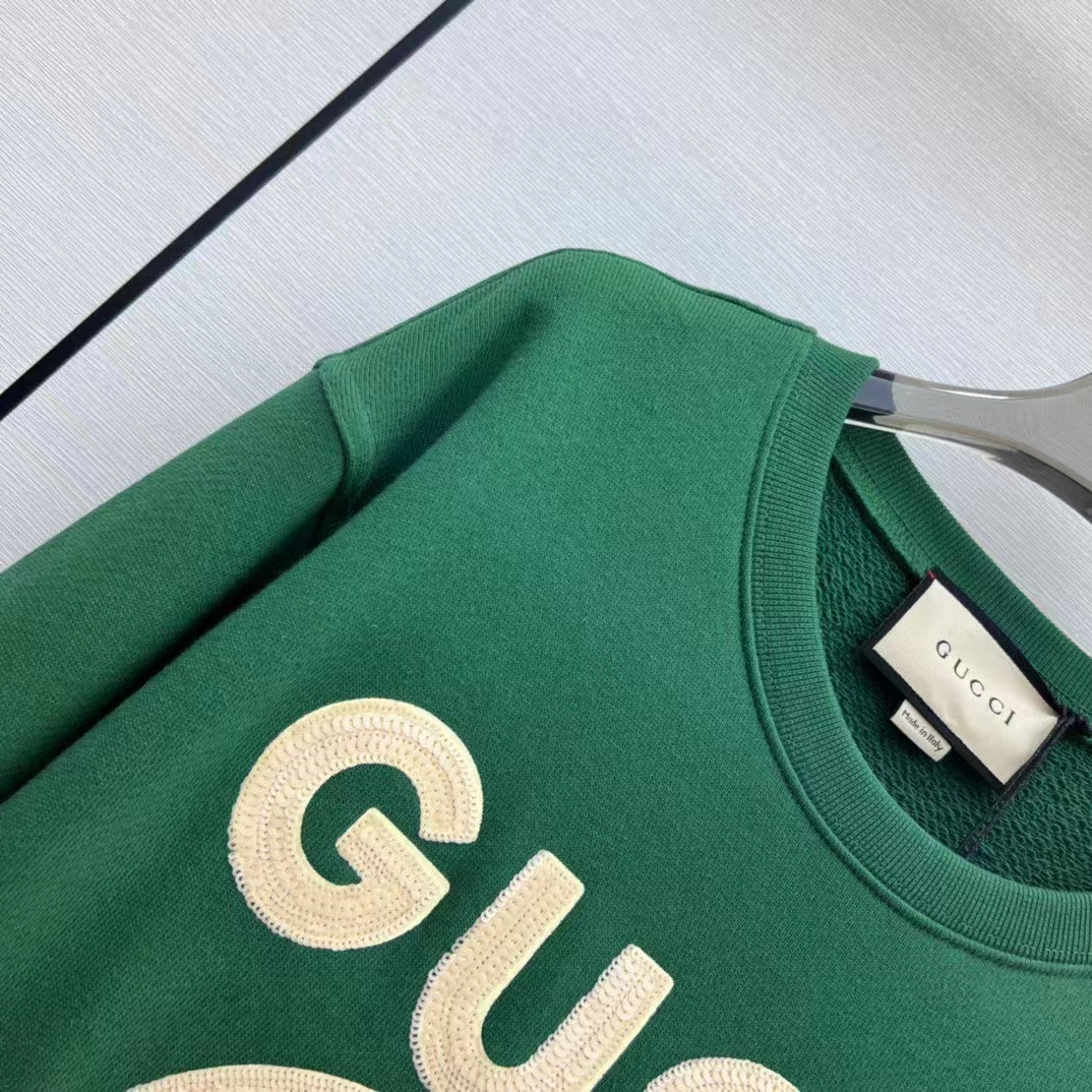 Gucci Women GG Cotton Jersey Sweatshirt Green Light Felted Crewneck Long Sleeves (1)