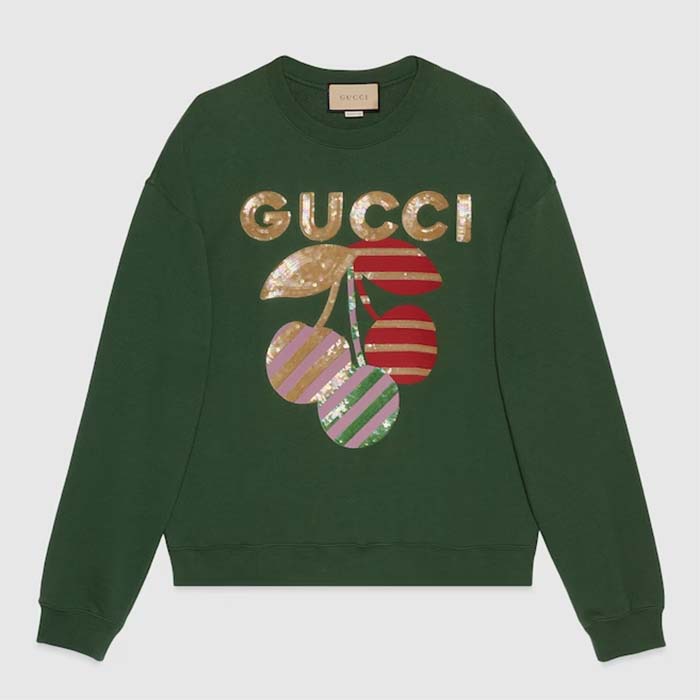 Gucci Women GG Cotton Jersey Sweatshirt Green Light Felted Crewneck Long Sleeves