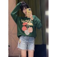 Gucci Women GG Cotton Jersey Sweatshirt Green Light Felted Crewneck Long Sleeves (10)