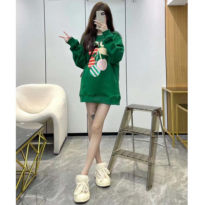 Gucci Women GG Cotton Jersey Sweatshirt Green Light Felted Crewneck Long Sleeves (15)