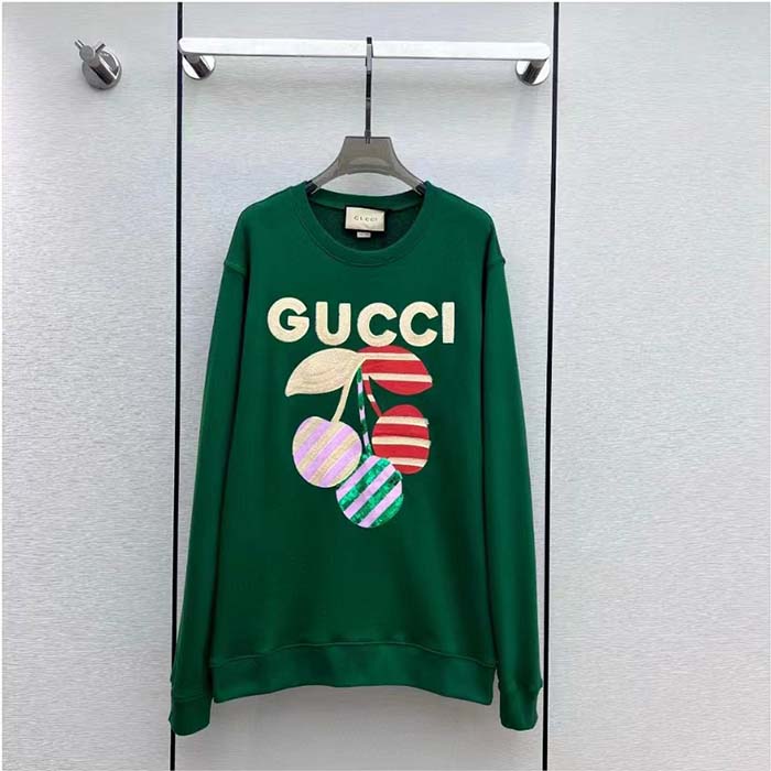 Gucci Women GG Cotton Jersey Sweatshirt Green Light Felted Crewneck Long Sleeves (16)