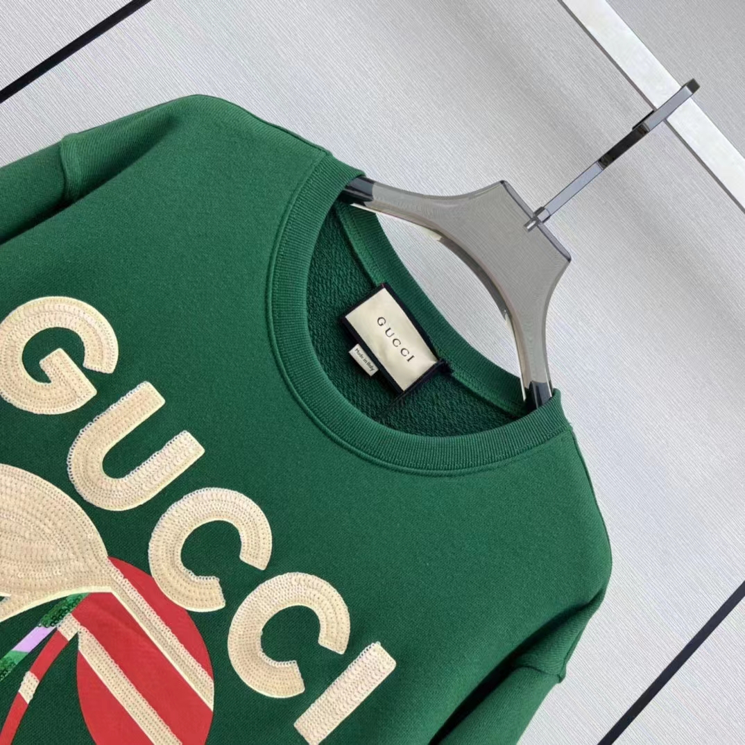 Gucci Women GG Cotton Jersey Sweatshirt Green Light Felted Crewneck Long Sleeves (2)