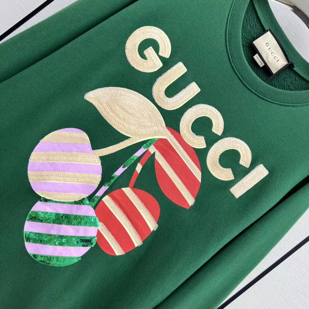 Gucci Women GG Cotton Jersey Sweatshirt Green Light Felted Crewneck Long Sleeves (6)