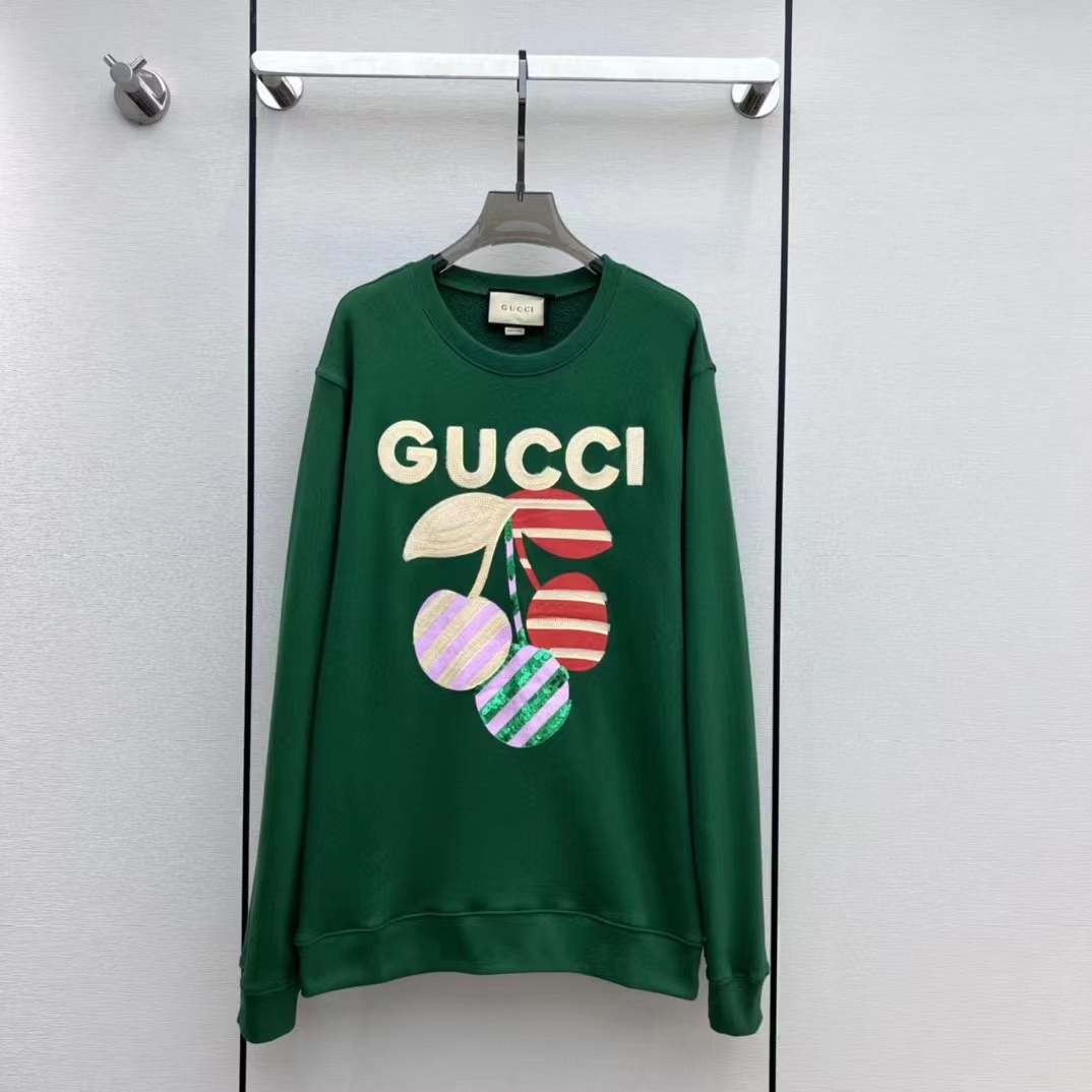 Gucci Women GG Cotton Jersey Sweatshirt Green Light Felted Crewneck Long Sleeves (8)
