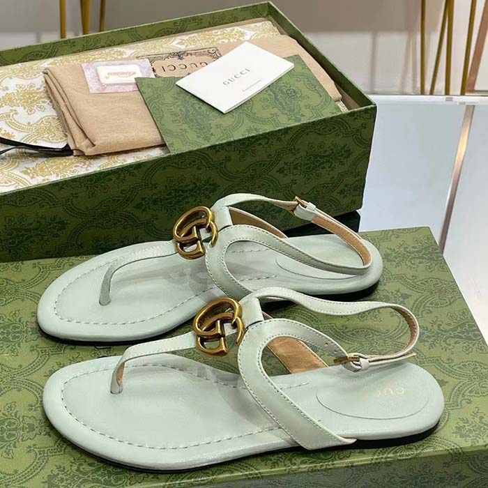 Gucci Women GG Double G Thong Sandal Light Green Leather Flat 0.5 CM Heel (10)