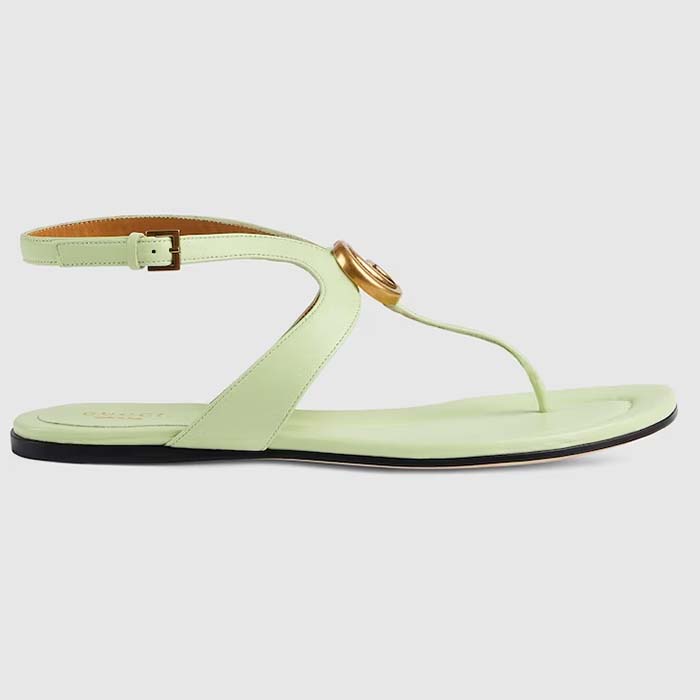 Gucci Women GG Double G Thong Sandal Light Green Leather Flat 0.5 CM Heel