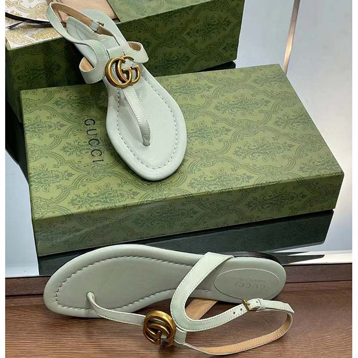 Gucci Women GG Double G Thong Sandal Light Green Leather Flat 0.5 CM Heel (4)