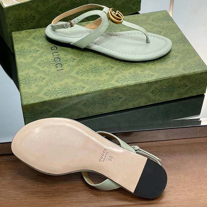 Gucci Women GG Double G Thong Sandal Light Green Leather Flat 0.5 CM Heel (5)
