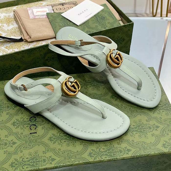 Gucci Women GG Double G Thong Sandal Light Green Leather Flat 0.5 CM Heel (6)