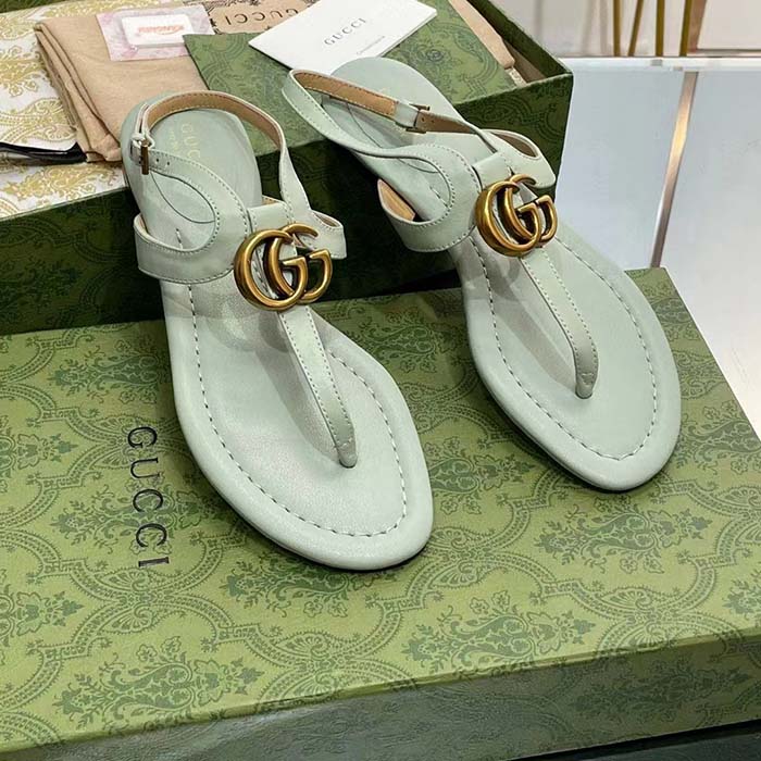 Gucci Women GG Double G Thong Sandal Light Green Leather Flat 0.5 CM Heel (7)