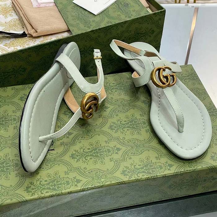 Gucci Women GG Double G Thong Sandal Light Green Leather Flat 0.5 CM Heel (8)