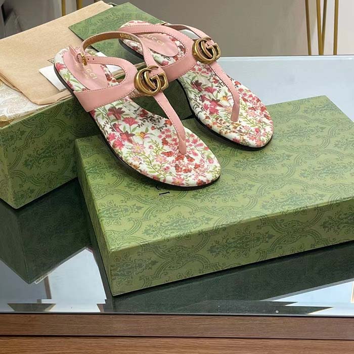 Gucci Women GG Double G Thong Sandal Pink Leather Flat 0.5 CM Heel (1)