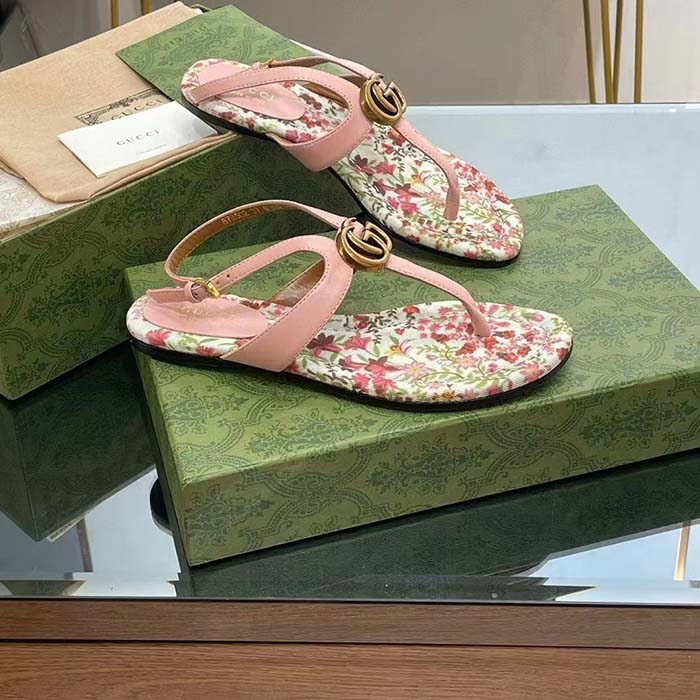 Gucci Women GG Double G Thong Sandal Pink Leather Flat 0.5 CM Heel (7)